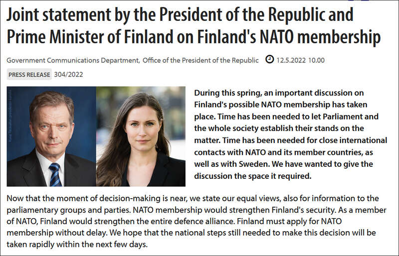芬兰总统与总理宣布其支持芬兰申请加入北约 