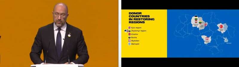 什梅加尔还展示了一张“捐赠地图”，上面标明了包括英国、土耳其、丹麦等国已经承诺援助乌克兰重建的情况 ...