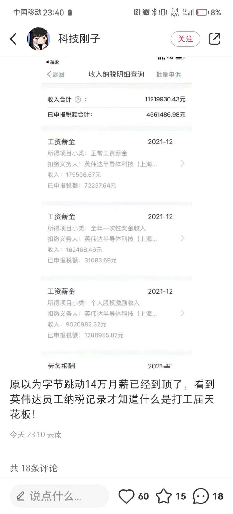 一位英伟达（上海）员工 2021 年的收入合计达到近 1122 万元，已申报税额也达到了 456 万元（不代表个人缴 ...